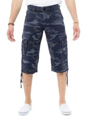 Xray Jeans Mens Shorts Size 48 Navy Blue Camo Belted 100% Cotton Cargo New
